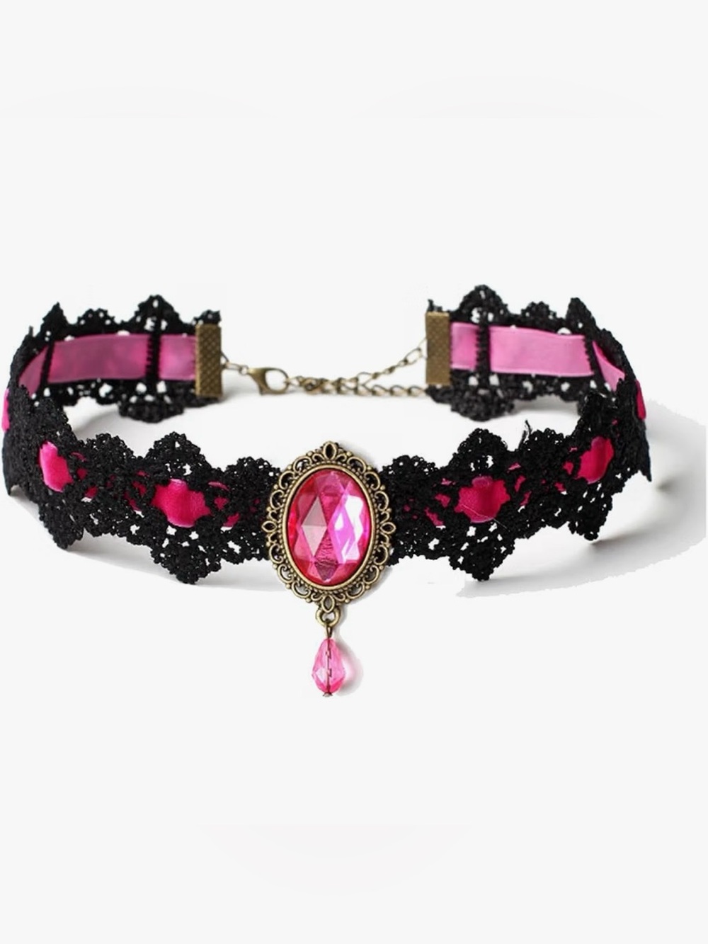 Pink Gem Lace Velvet Choker Necklace - Gothic Cosplay Costume Jewelry